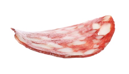 Cut fresh tasty sausage on white background