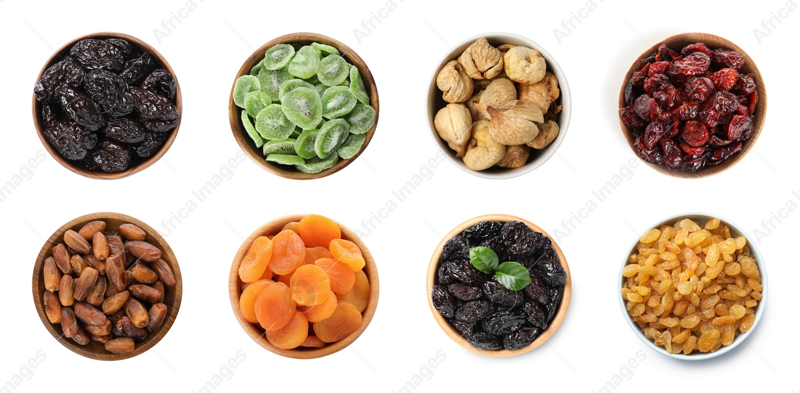 Image of Set with different tasty dried fruits on white background, top view. Banner design