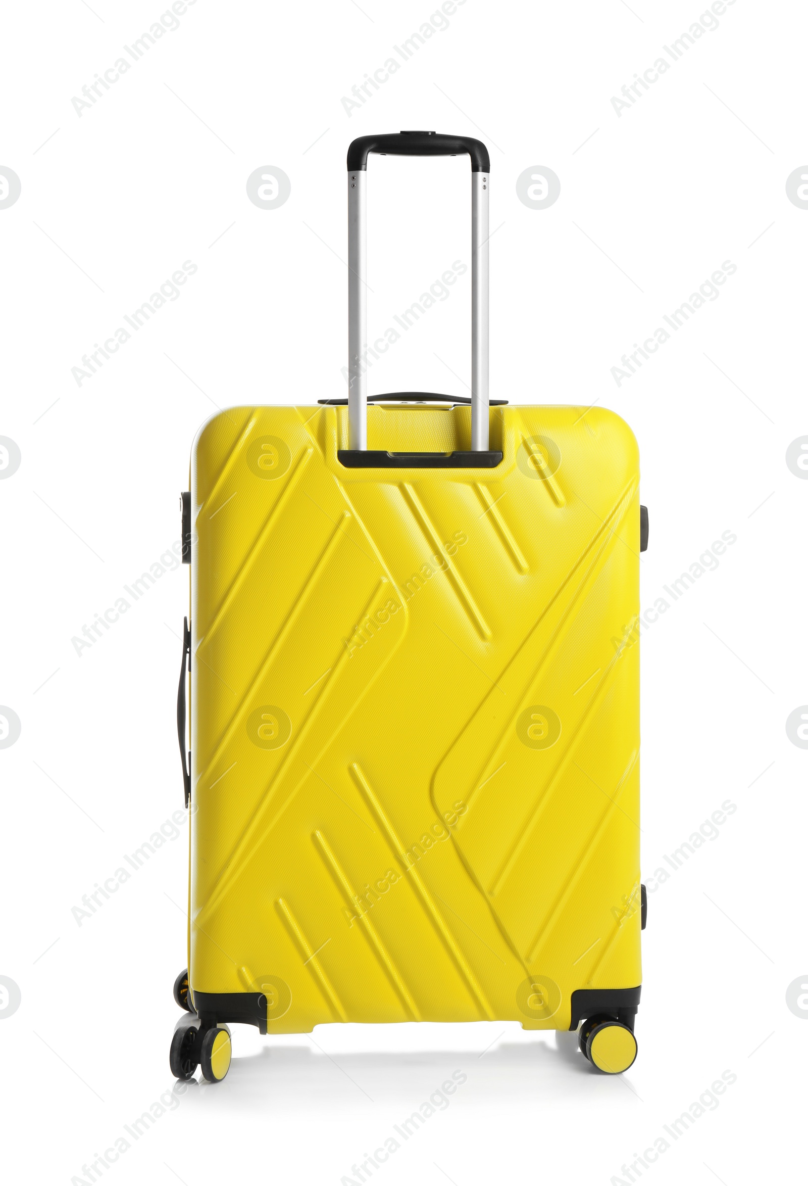 Photo of Yellow suitcase for travelling on white background