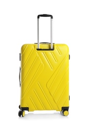 Yellow suitcase for travelling on white background