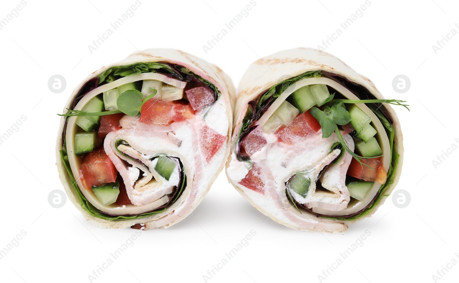 Photo of Delicious sandwich wraps with fresh vegetables isolated on white