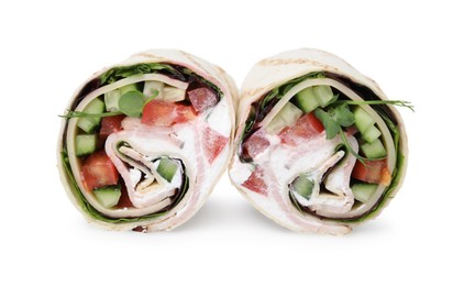 Photo of Delicious sandwich wraps with fresh vegetables isolated on white