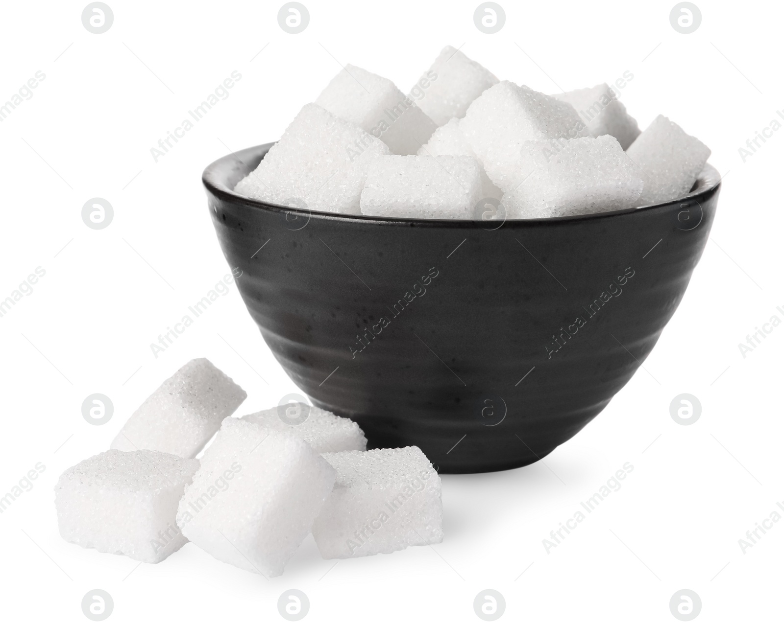 Photo of Bowl and refined sugar cubes on white background