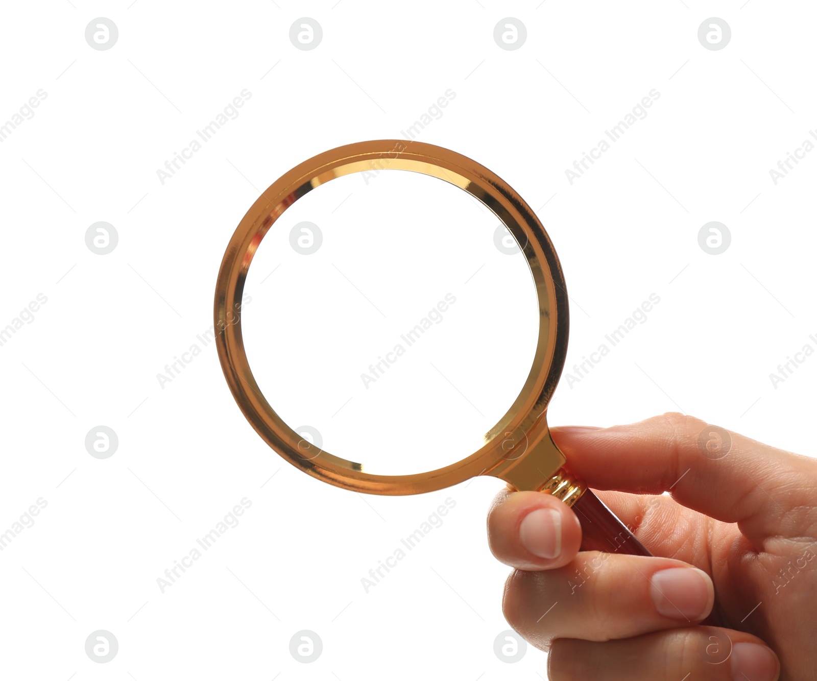 Photo of Woman holding magnifying glass on white background, closeup