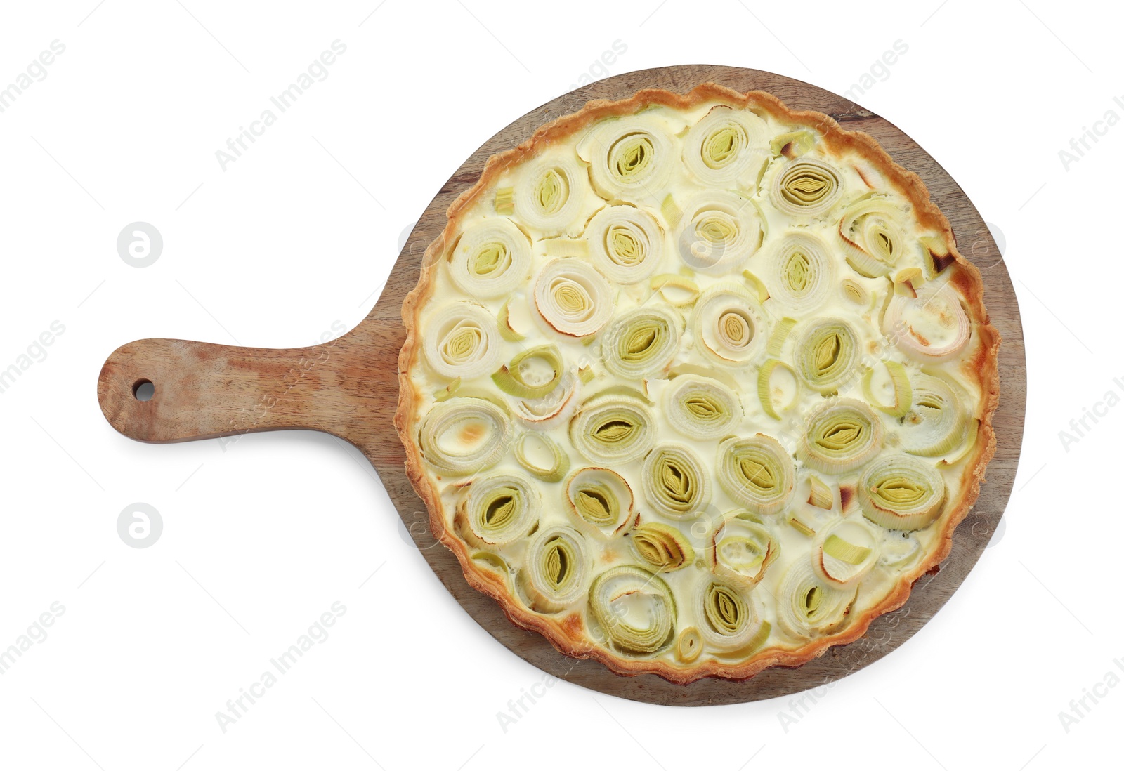 Photo of Freshly baked leek pie isolated on white, top view