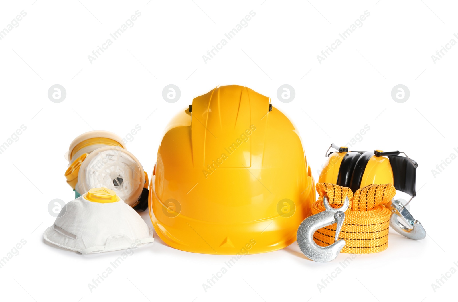 Photo of Set of safety equipment on white background