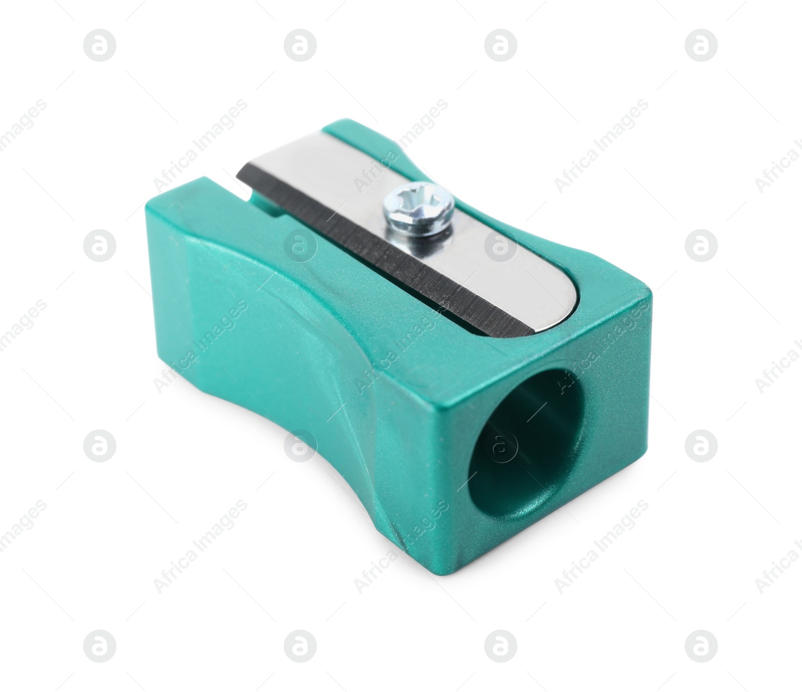 Photo of Plastic turquoise pencil sharpener isolated on white