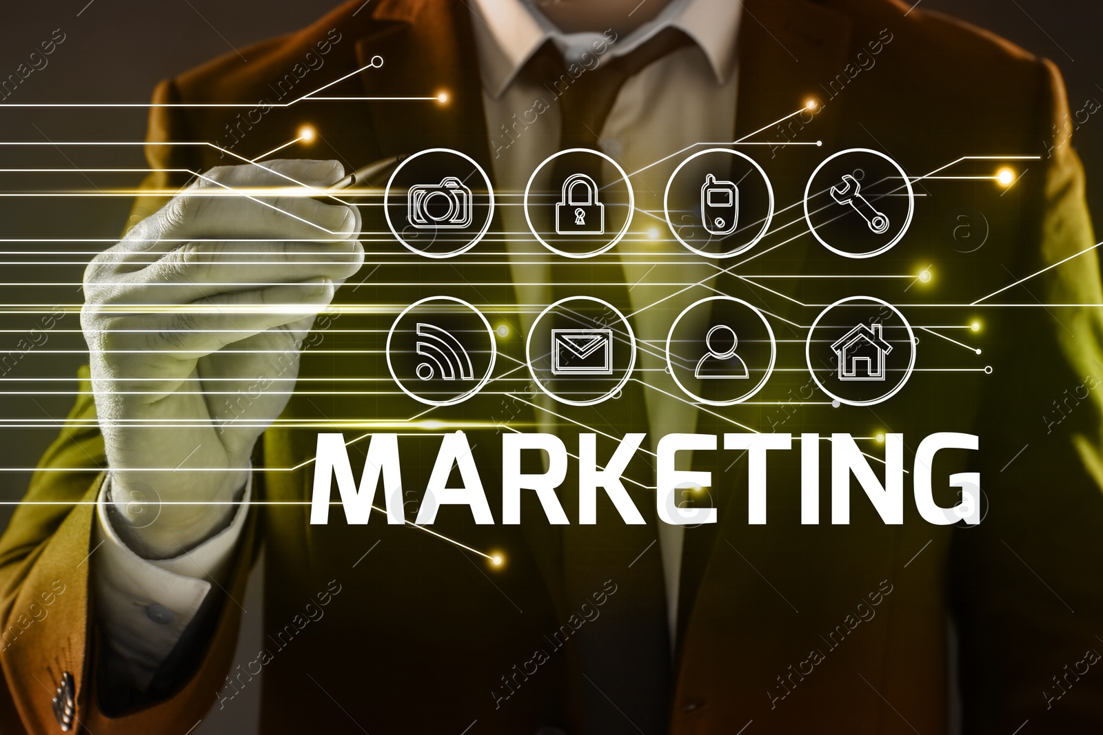 Image of Marketing concept. Businessman pointing at scheme with icons on digital screen, closeup