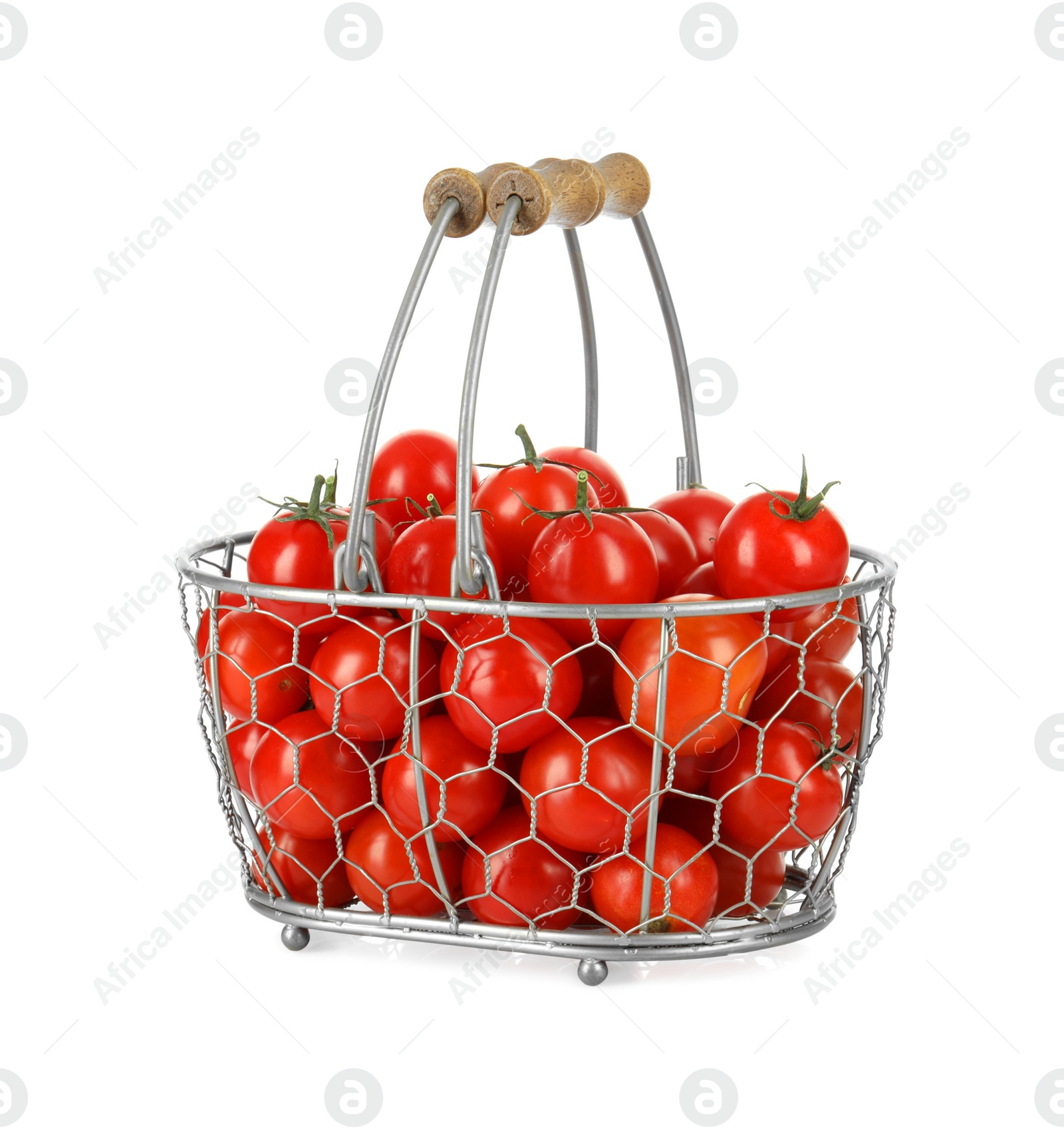 Photo of Basket with fresh ripe cherry tomatoes isolated on white