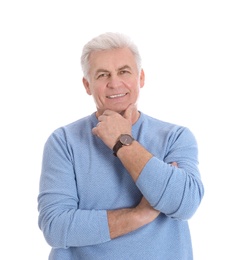 Portrait of handsome mature man on white background