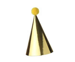 One shiny golden party hat isolated on white
