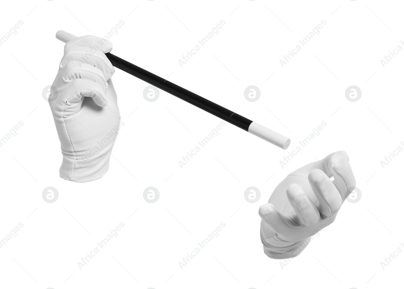 Photo of Magician with magic wand on white background, closeup