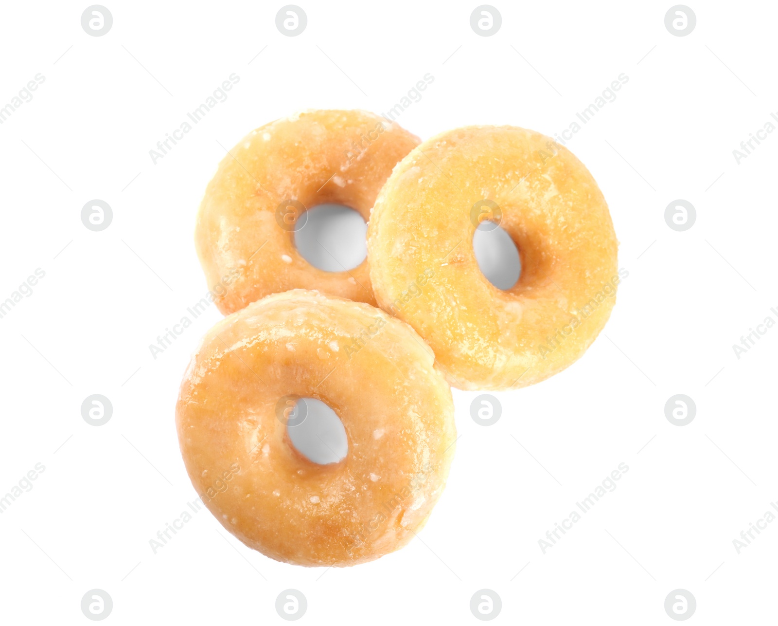 Photo of Delicious donuts on white background, top view