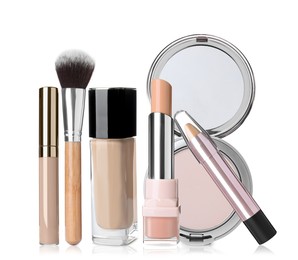 Image of Set with different decorative cosmetics on white background. Luxurious makeup products 