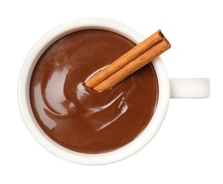 Cup of delicious hot chocolate with cinnamon stick isolated on white, top view