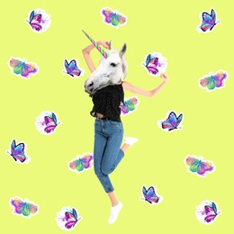 Modern art collage. Woman with unicorn's head on color background