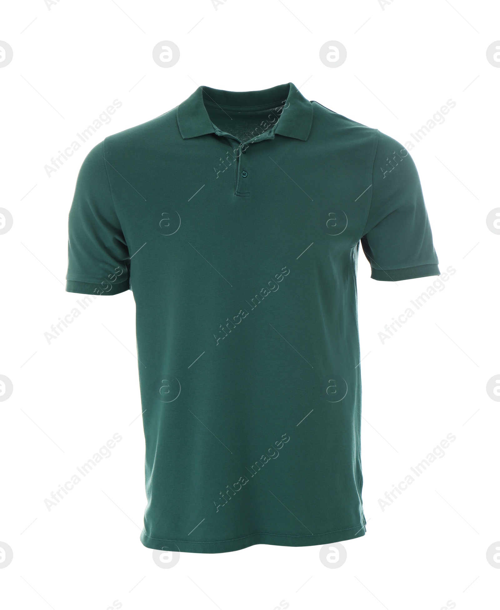 Photo of Stylish polo shirt on mannequin against white background. Men's clothes