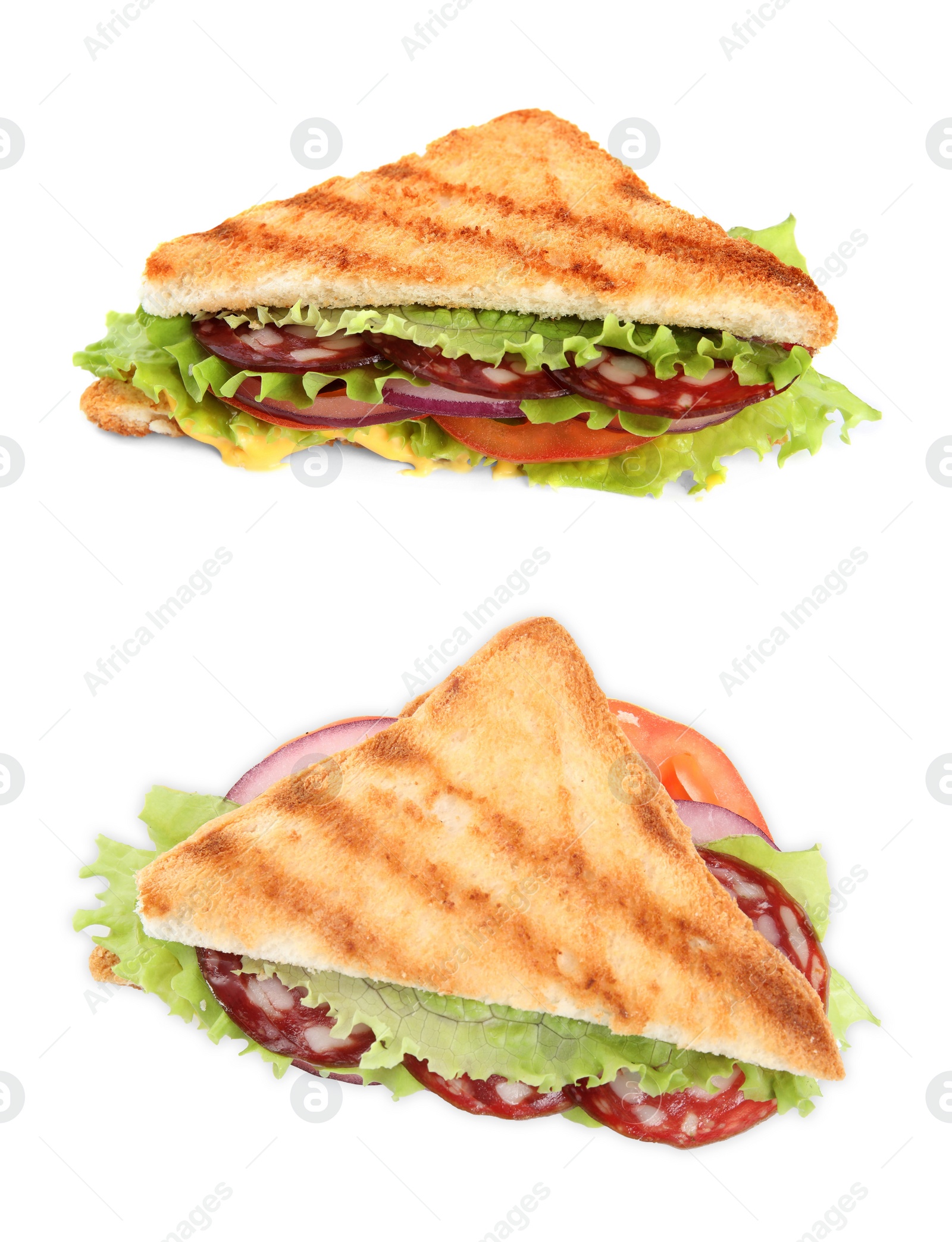 Image of Delicious sandwiches with salami on white background, collage