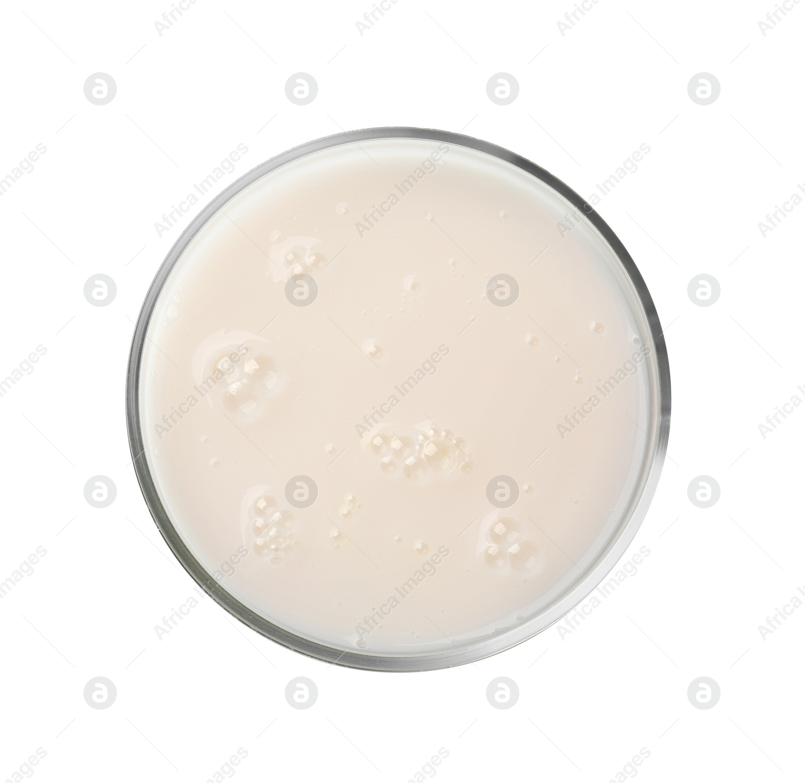 Photo of Petri dish with colorful liquid sample on white background, top view