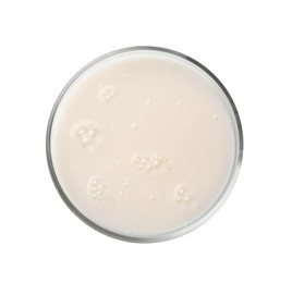 Photo of Petri dish with colorful liquid sample on white background, top view