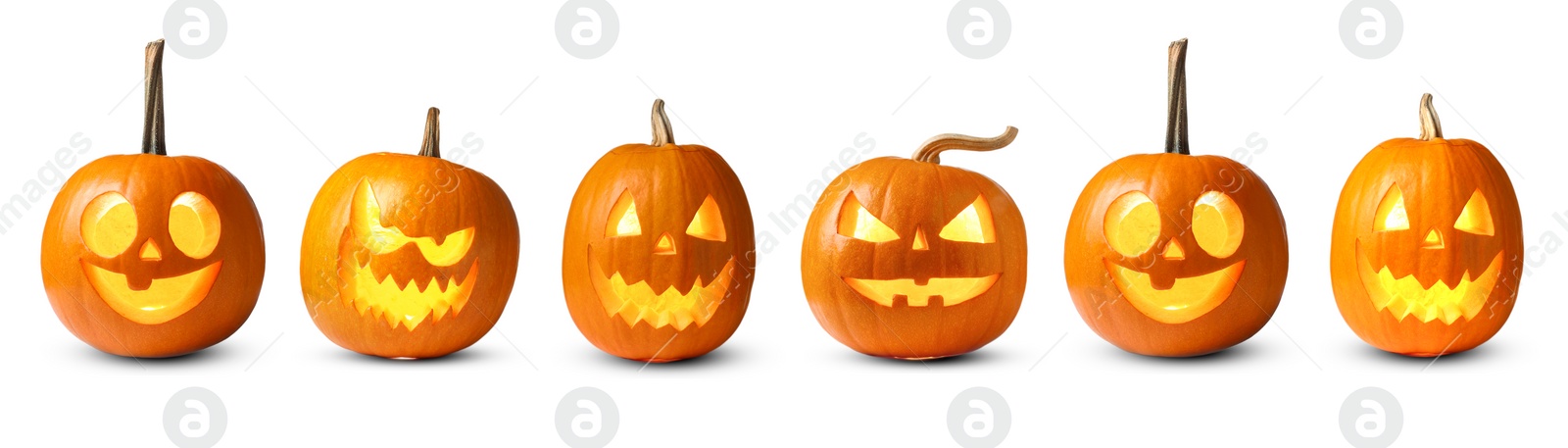 Image of Many pumpkins with carved spooky faces isolated on white, collection. Jack-o-lantern for Halloween