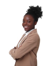 Photo of Portrait of happy woman with crossed arms on white background. Lawyer, businesswoman, accountant or manager