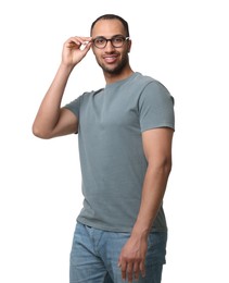 Man wearing stylish t-shirt on white background