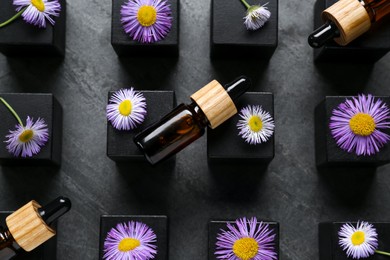 Flat lay composition with bottles of essential oil and beautiful flowers on dark gray stone table