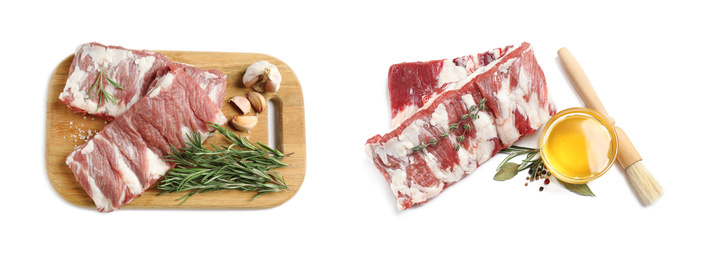 Image of Raw ribs on white background, top view