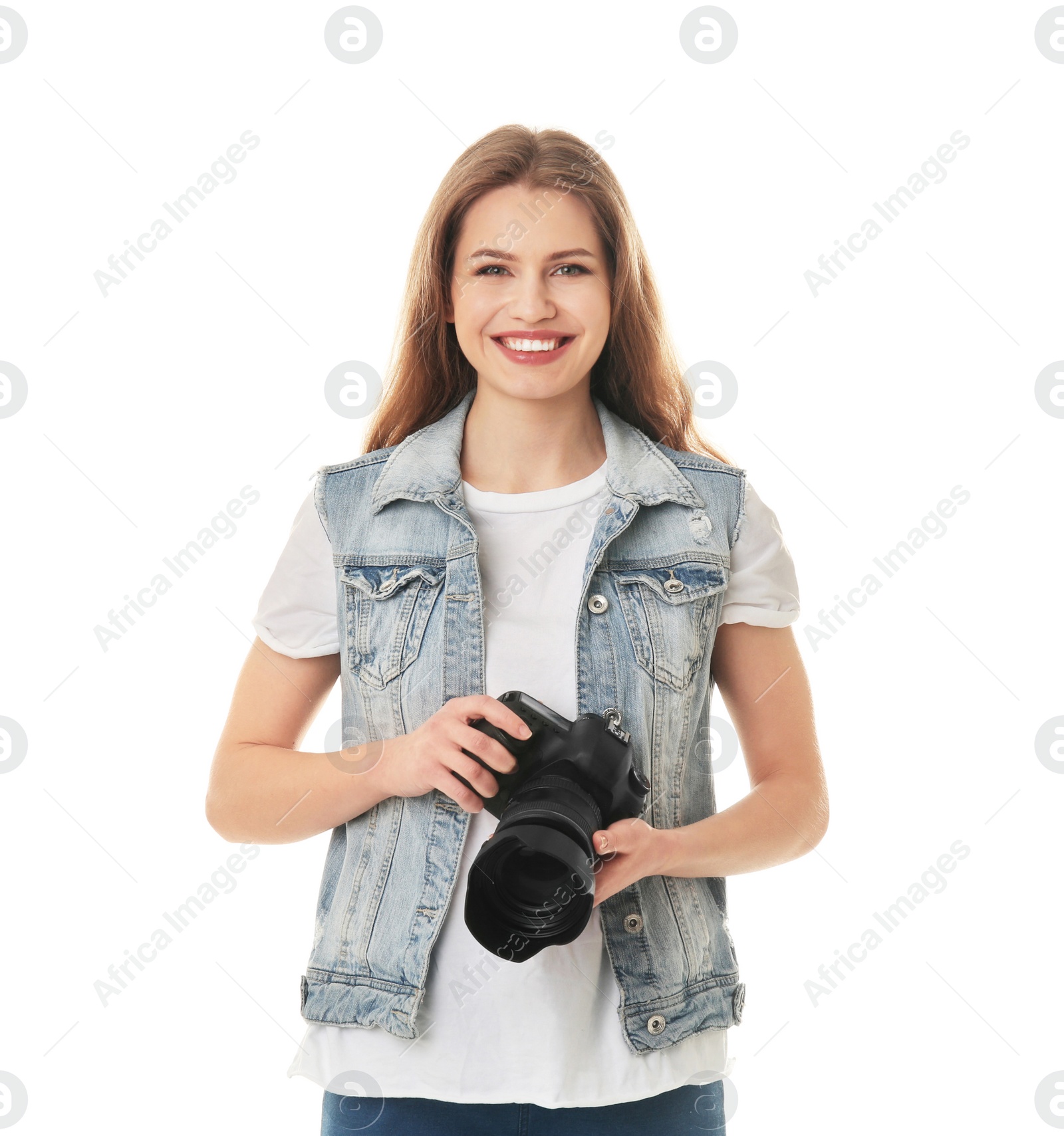 Photo of Female photographer with camera on white background