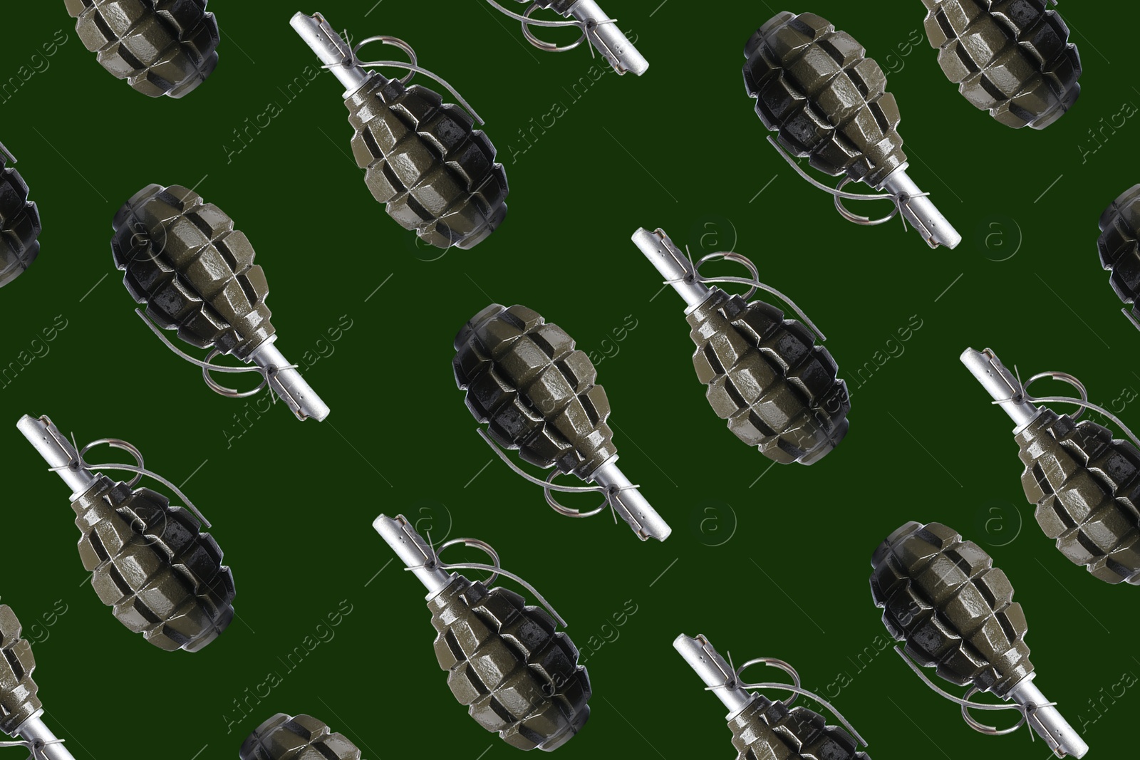 Image of Set with hand grenades on green background, flat lay