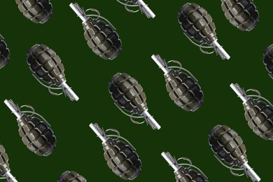Image of Set with hand grenades on green background, flat lay