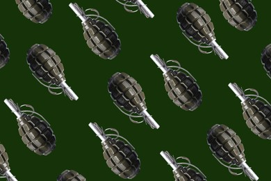 Set with hand grenades on green background, flat lay