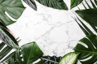 Photo of Flat lay composition with tropical leaves and space for text on marble background