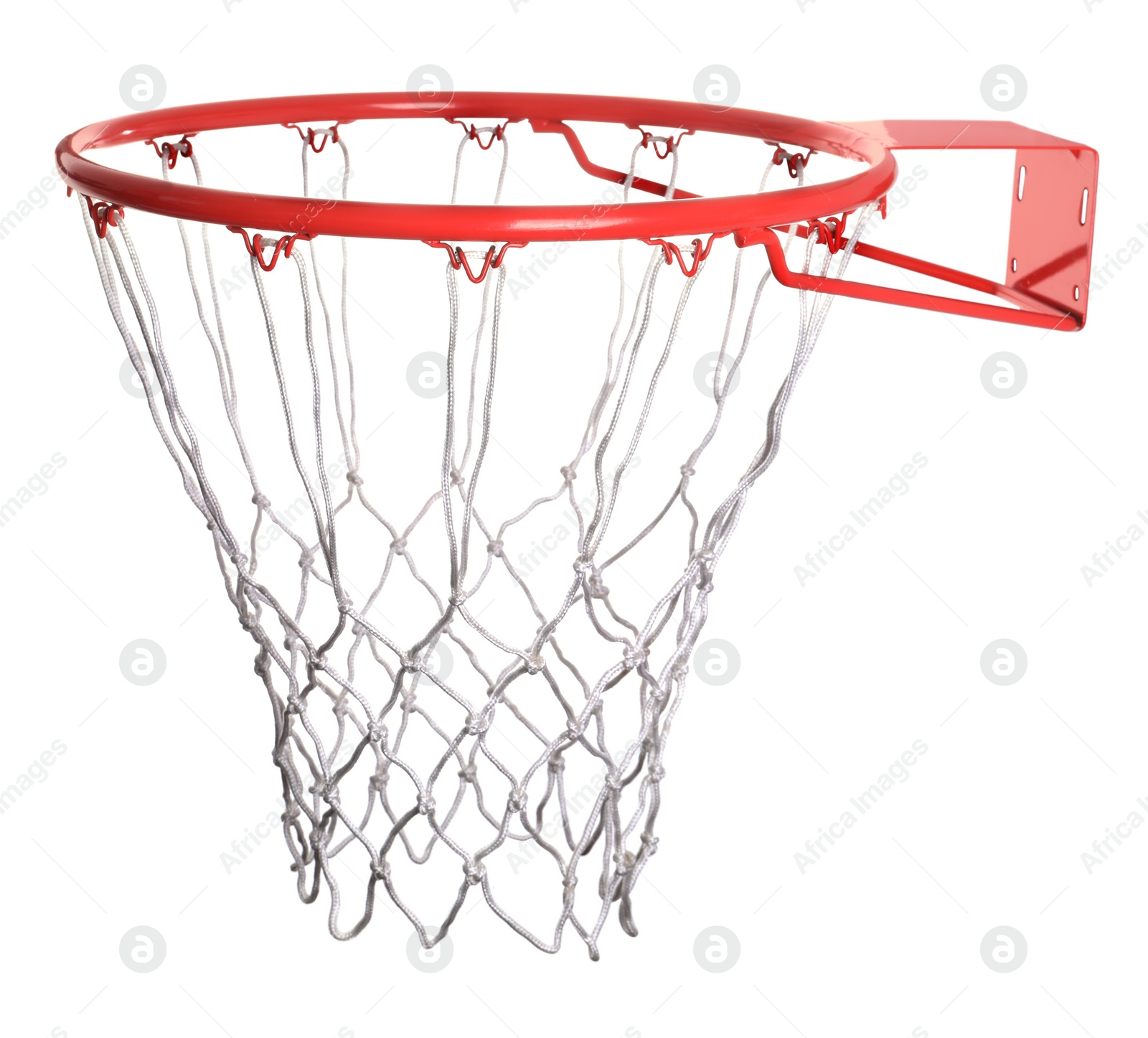 Photo of Modern red basketball hoop with net on white background