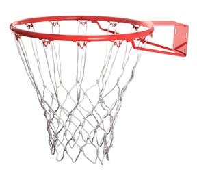 Modern red basketball hoop with net on white background