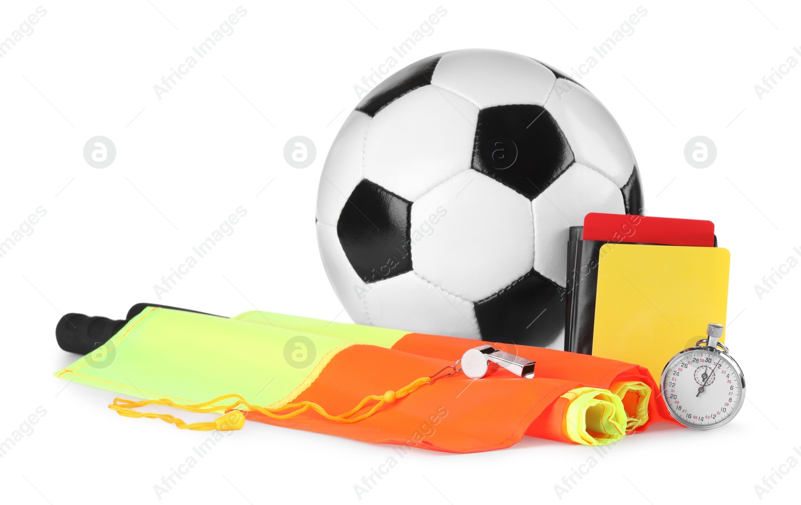 Photo of Football referee equipment. Soccer ball, flags, stopwatch, cards and whistle isolated on white