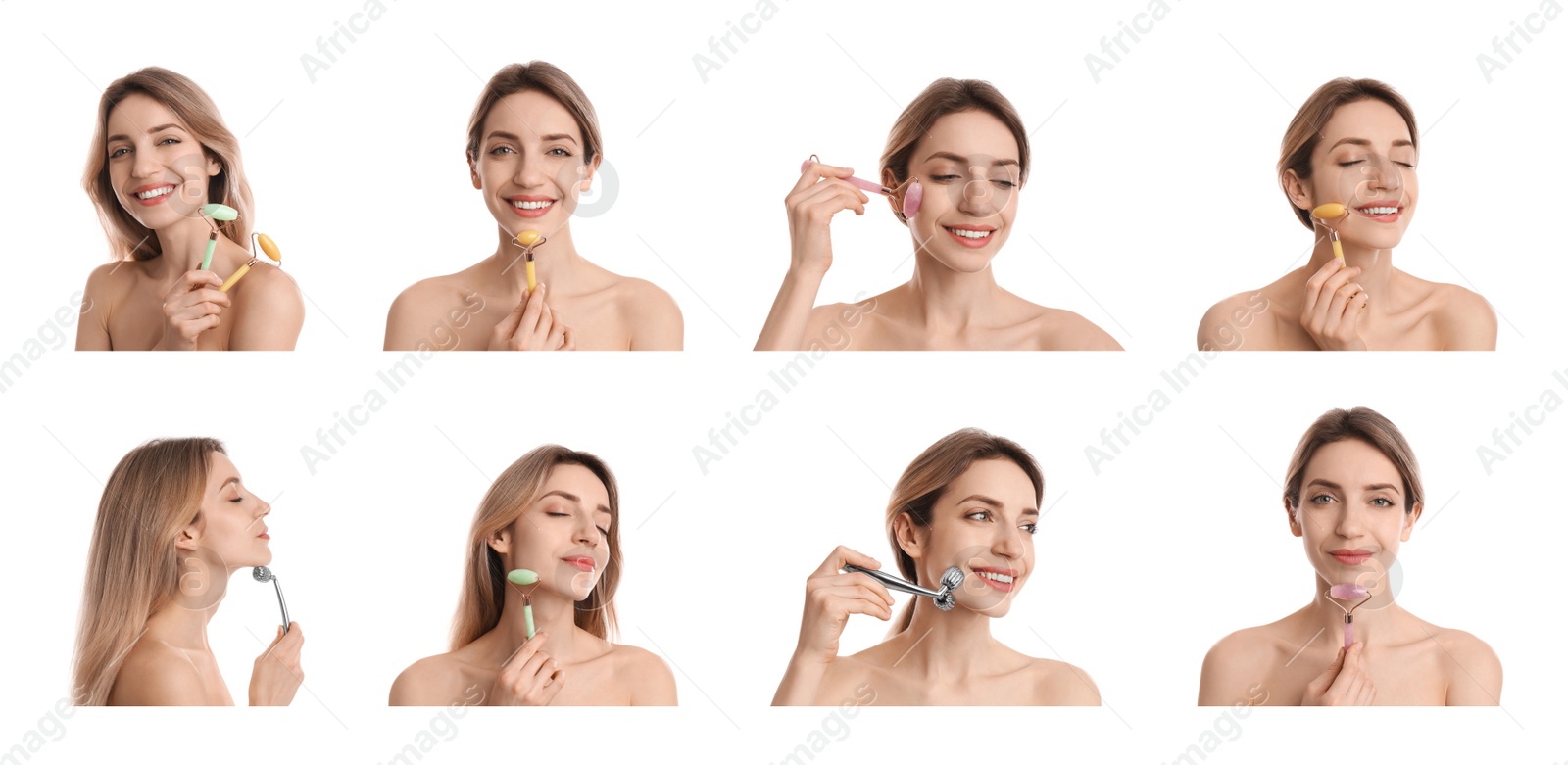 Image of Young woman using face roller on white background, collage. Banner design