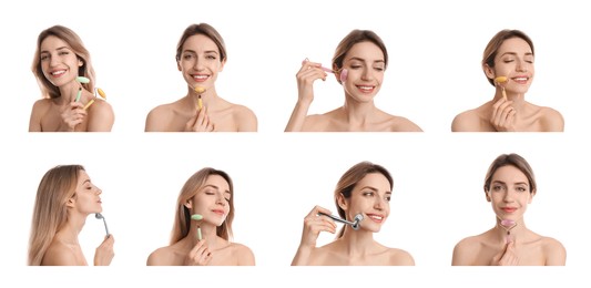 Young woman using face roller on white background, collage. Banner design