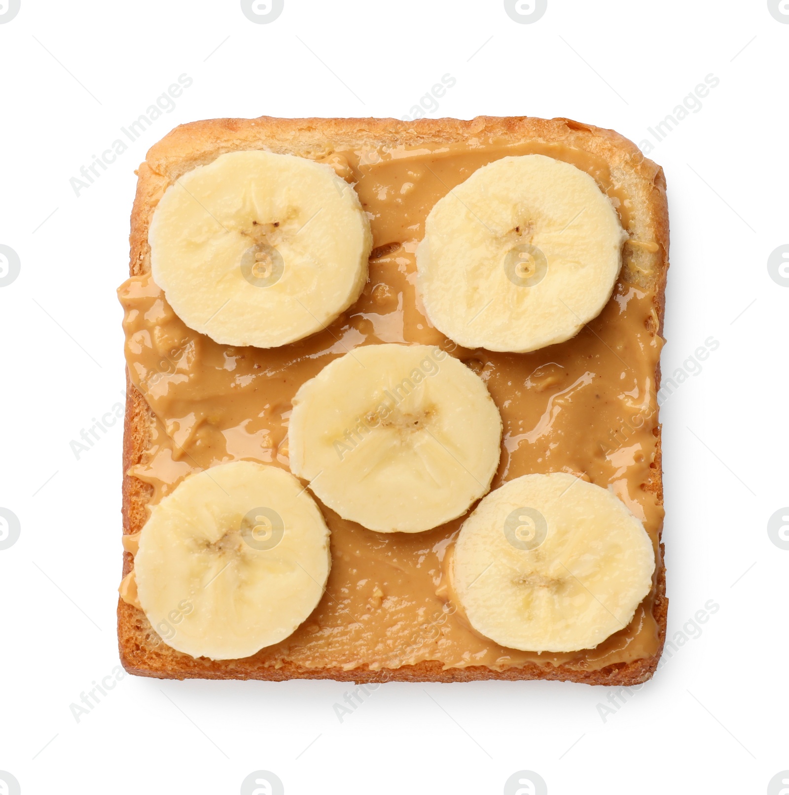 Photo of Delicious toast with peanut butter and banana isolated on white, top view