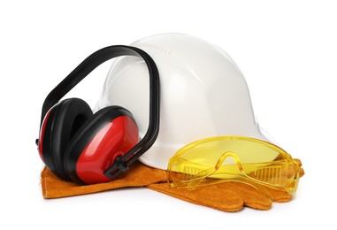 Protective workwear on white background. Safety equipment