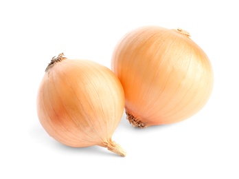 Photo of Fresh ripe onion bulbs on white background