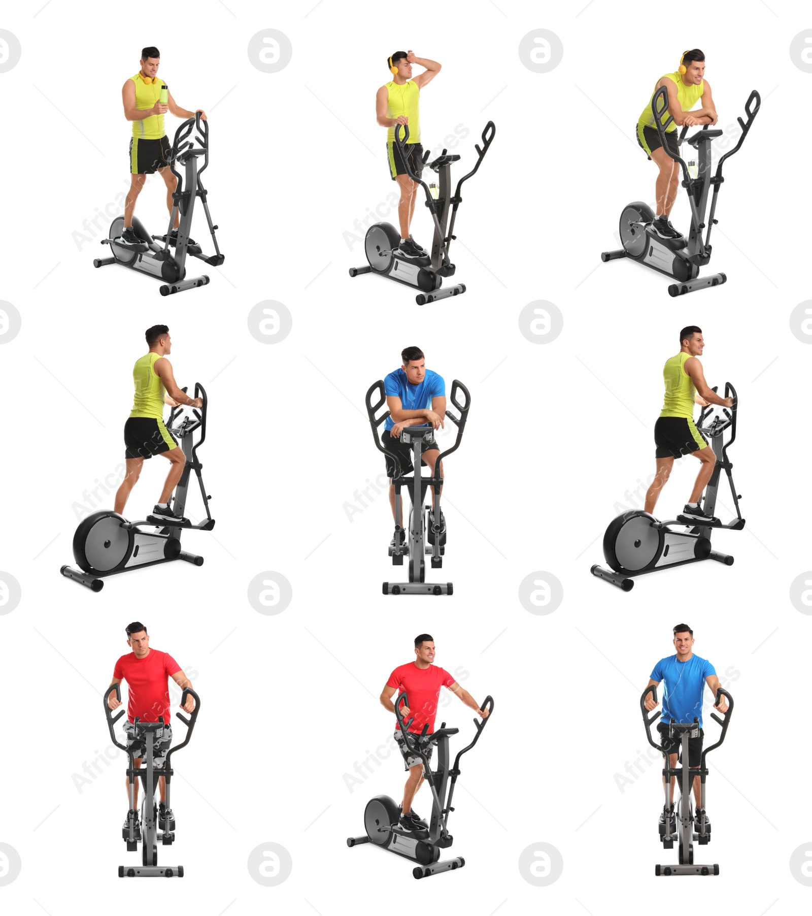 Image of Man using modern elliptical machine on white background, collage 