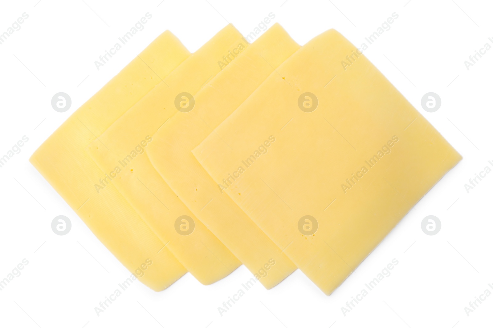 Photo of Slices of tasty fresh cheese isolated on white, top view