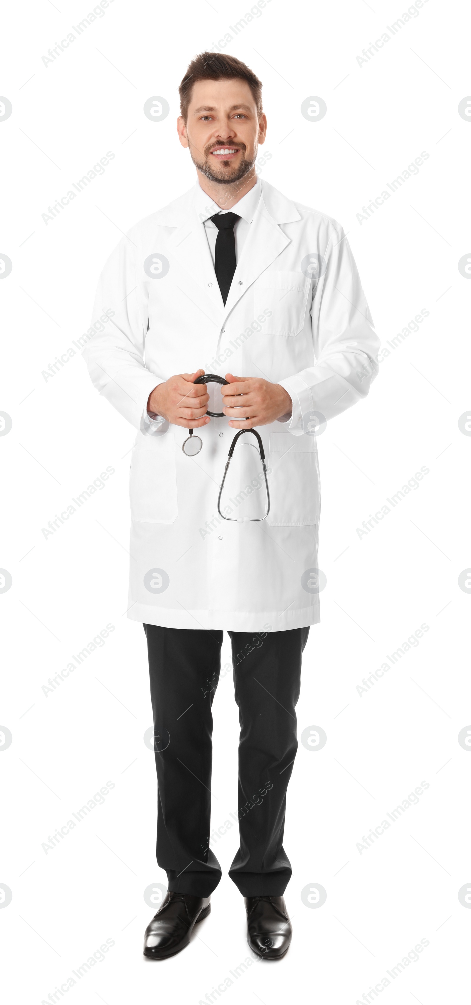 Photo of Full length portrait of smiling male doctor isolated on white. Medical staff