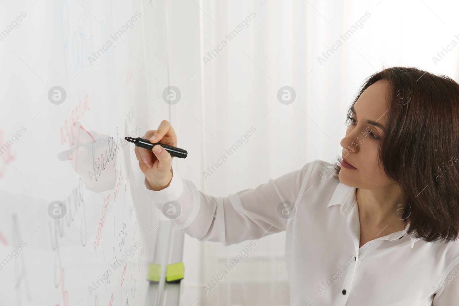 Photo of English teacher giving lesson near whiteboard in classroom