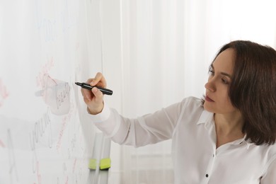 Photo of English teacher giving lesson near whiteboard in classroom