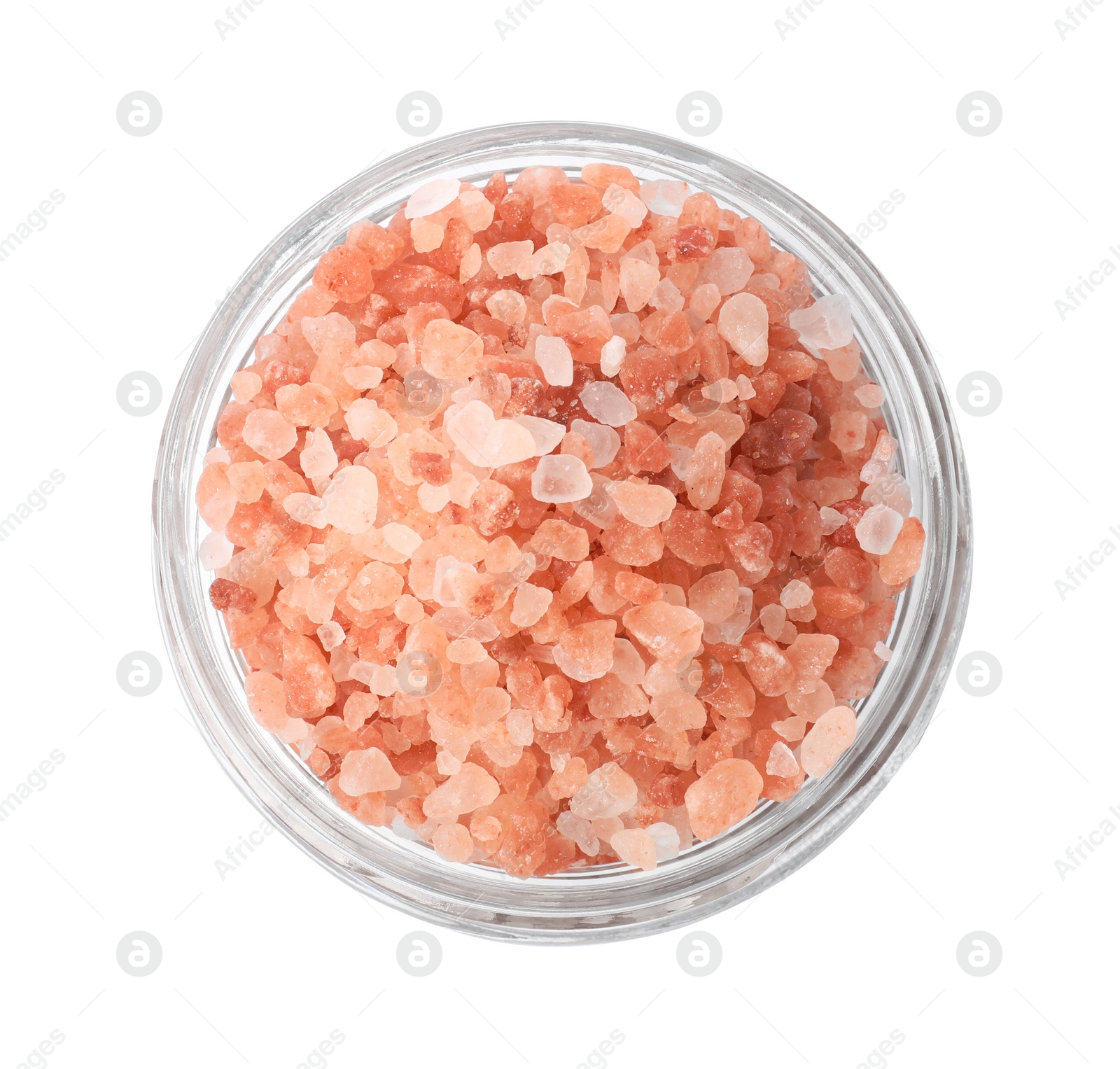 Photo of Glass jar with natural sea salt on white background, top view