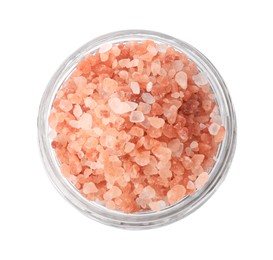 Photo of Glass jar with natural sea salt on white background, top view