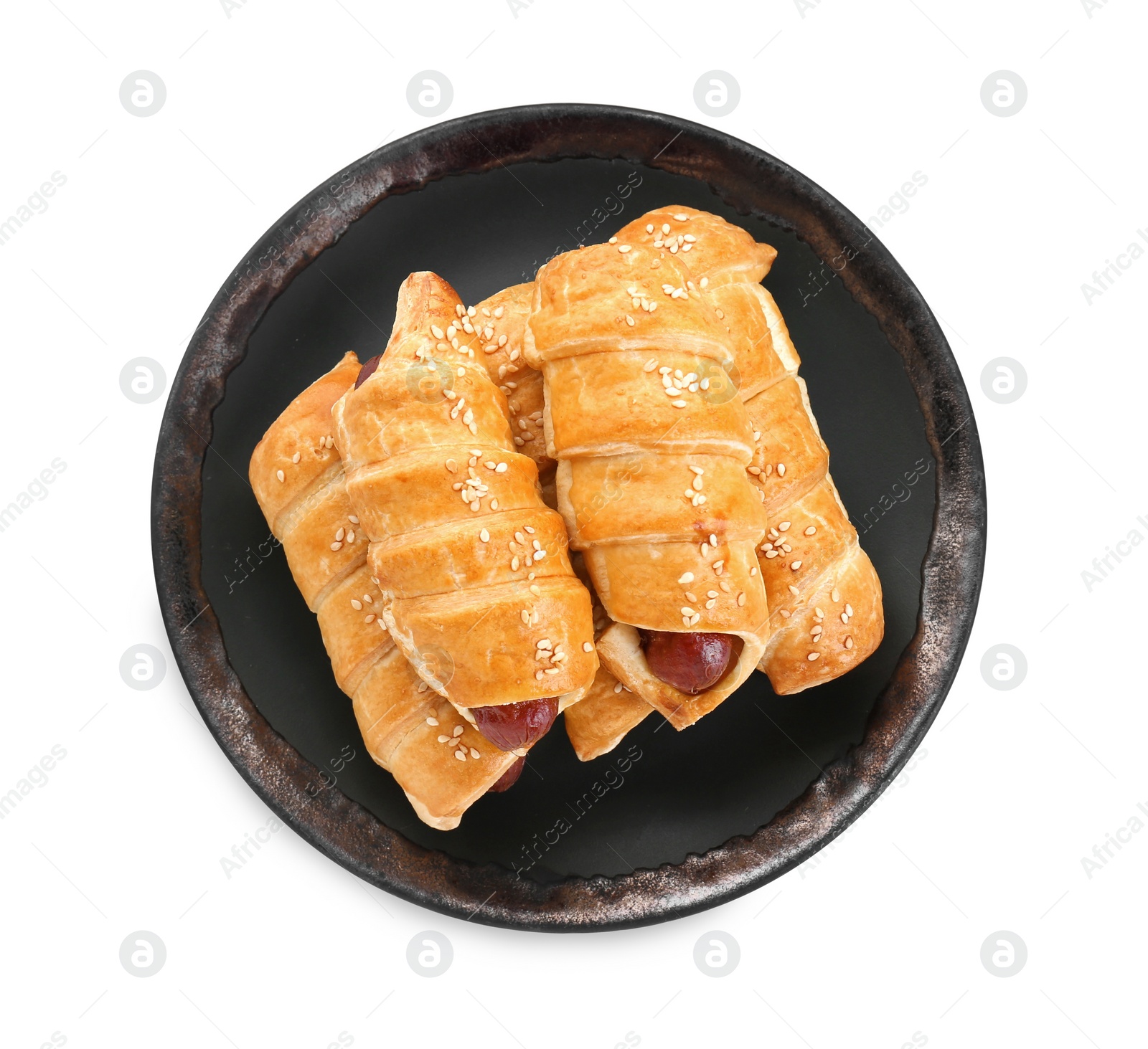 Photo of Plate with delicious sausage rolls isolated on white, top view